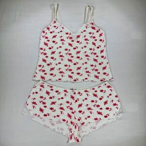 Vintage Esprit Floral Pointelle Pajama Set Red White Lace Trim Cami Shorts L